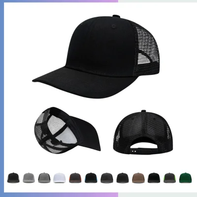 Black cotton twill trucker cap structured 6-panel black mesh back reinforced visor velcro closure