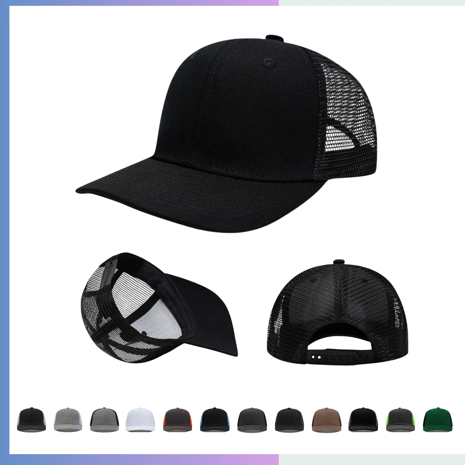 Black cotton twill trucker cap structured 6-panel black mesh back reinforced visor velcro closure