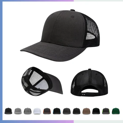 All-black trucker cap structured 6-panel 280gsm cotton twill reinforced visor velcro closure
