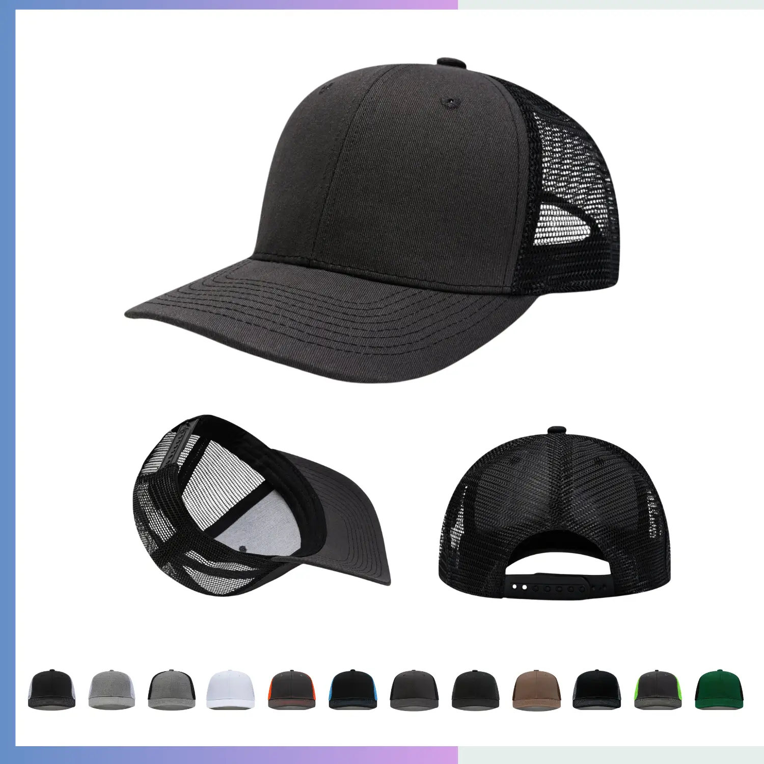 All-black trucker cap structured 6-panel 280gsm cotton twill reinforced visor velcro closure