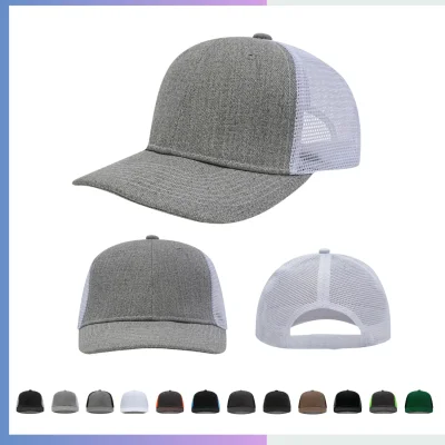 Grey front white mesh trucker cap structured 6-panel 280gsm cotton twill reinforced visor velcro closure