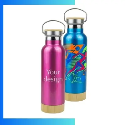 17oz Stainless Steel Tumbler with Bamboo Lid & Wood Base β Custom Laser Engraved / UV Print Eco Bottle Mug