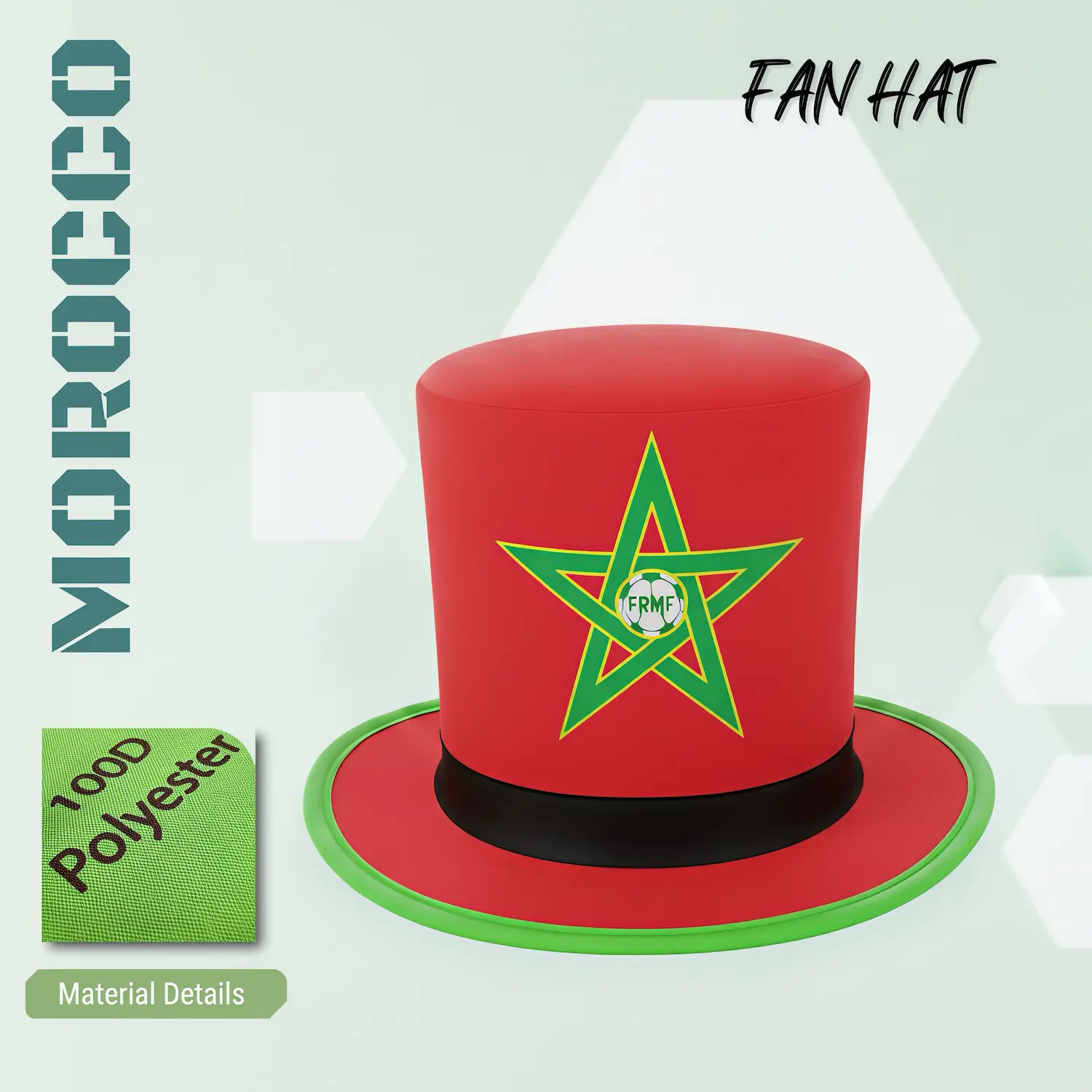 2026 FIFA World Cup Morocco FRMF fan top hat, 100D polyester novelty party hat with flag colors