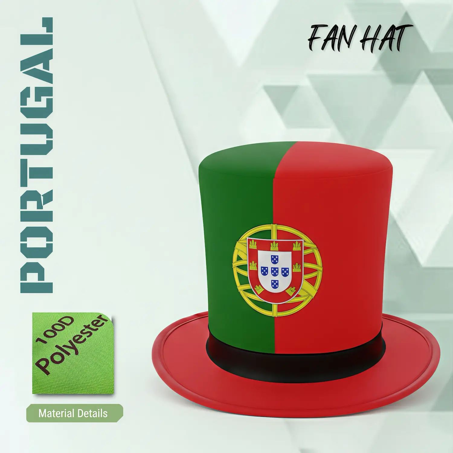 2026 FIFA World Cup Portugal fan top hat, 100D polyester novelty party hat with flag colors and national crest