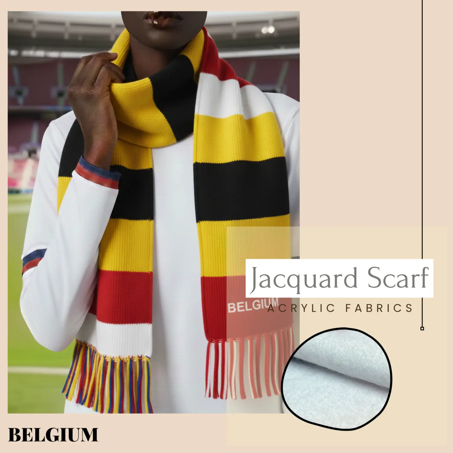 2026 FIFA World Cup Belgium national team jacquard knit scarf, acrylic fan scarf with flag colors and tassels