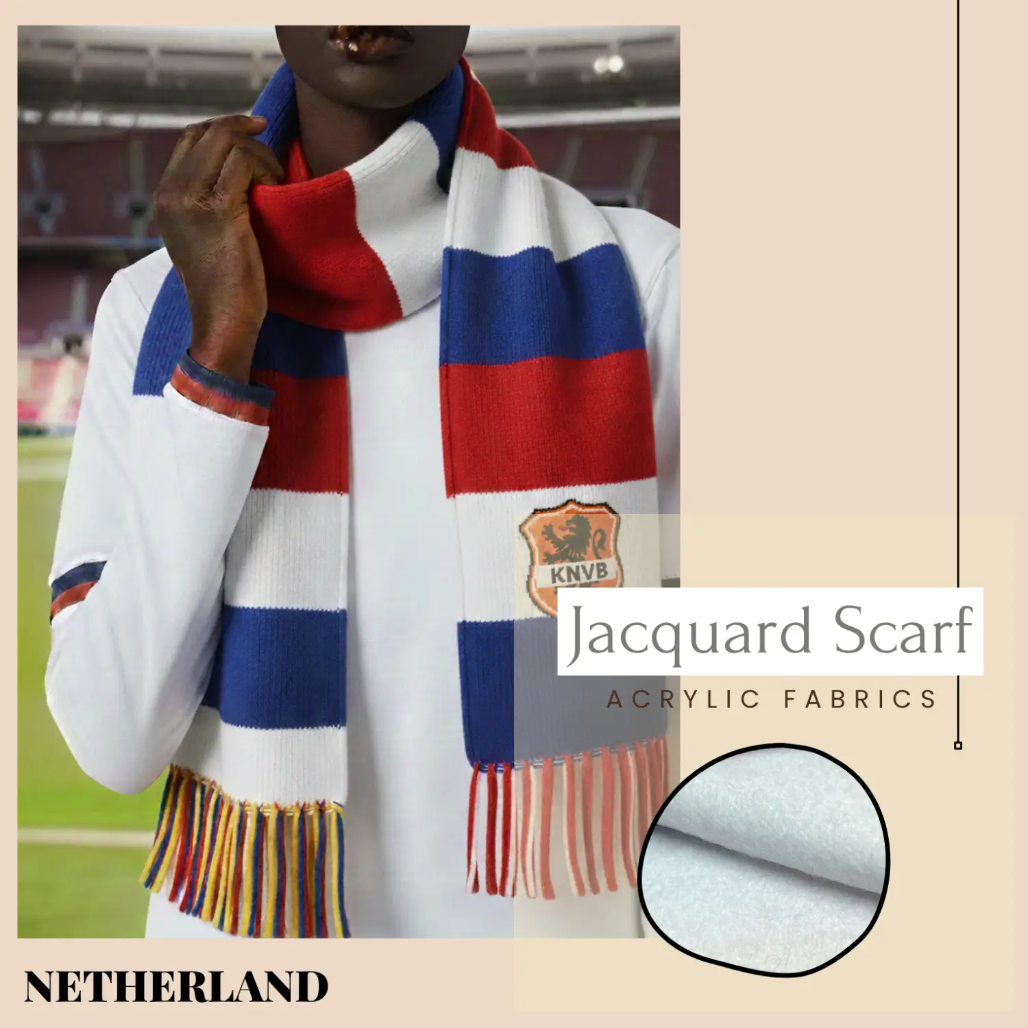 2026 FIFA World Cup Netherlands national team jacquard knit scarf, acrylic fan scarf with flag colors and tassels