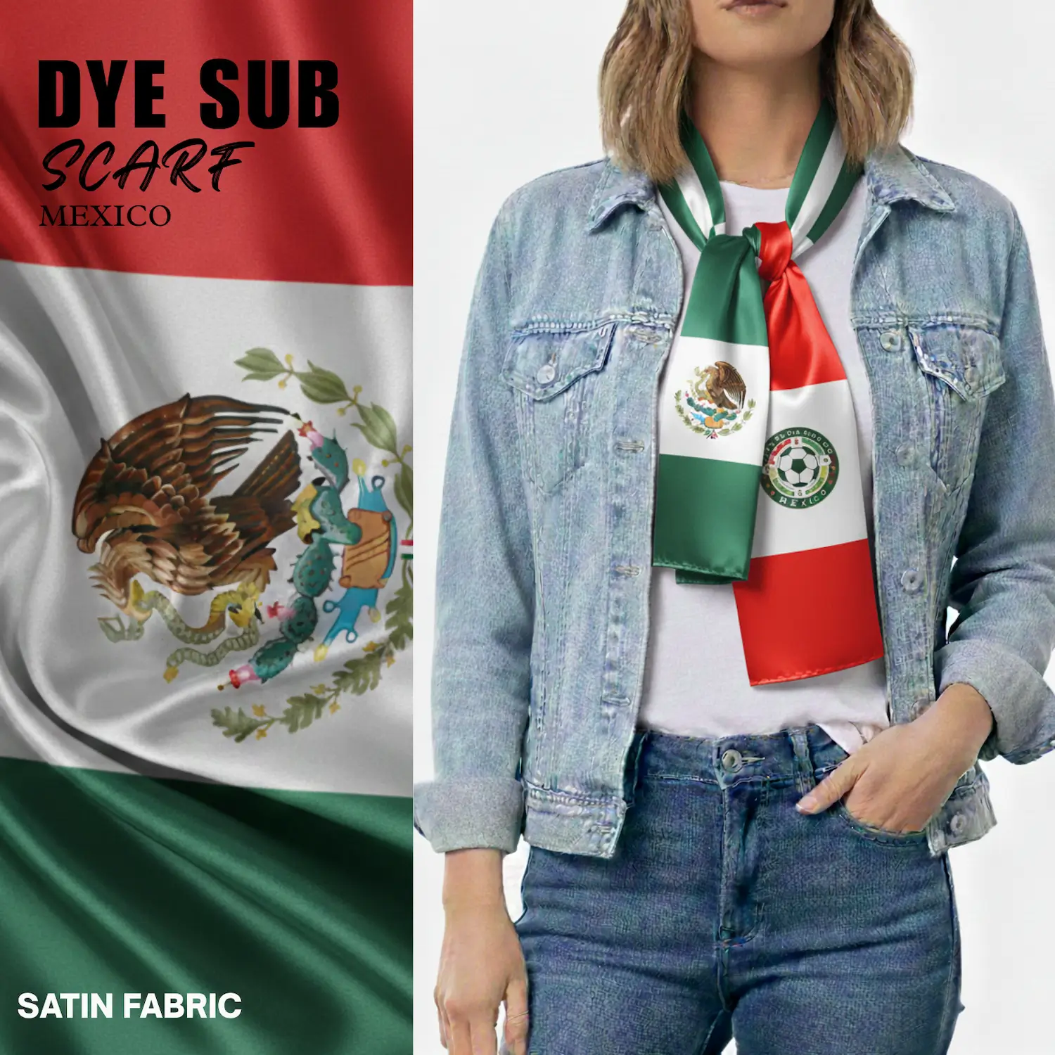 Mexico national flag satin scarf 15x145cm full color sublimation printed silky fan scarf