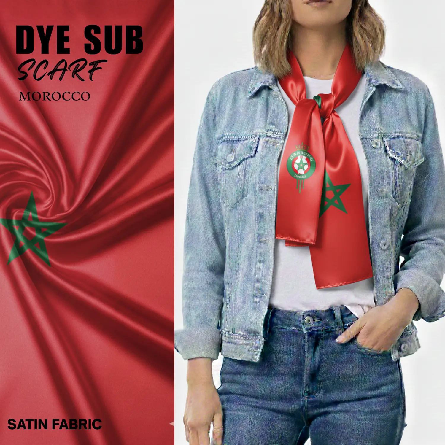 Morocco national flag satin scarf 15x145cm full color sublimation printed silky fan scarf