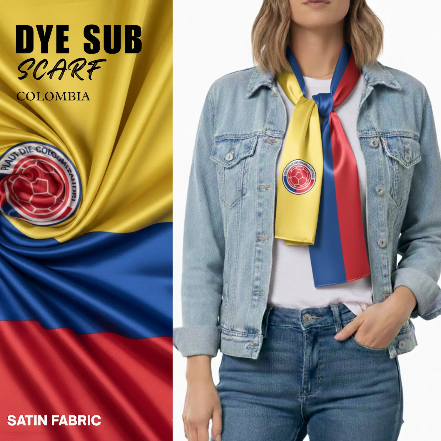 Colombia national flag satin scarf 15x145cm full color sublimation printed silky fan scarf