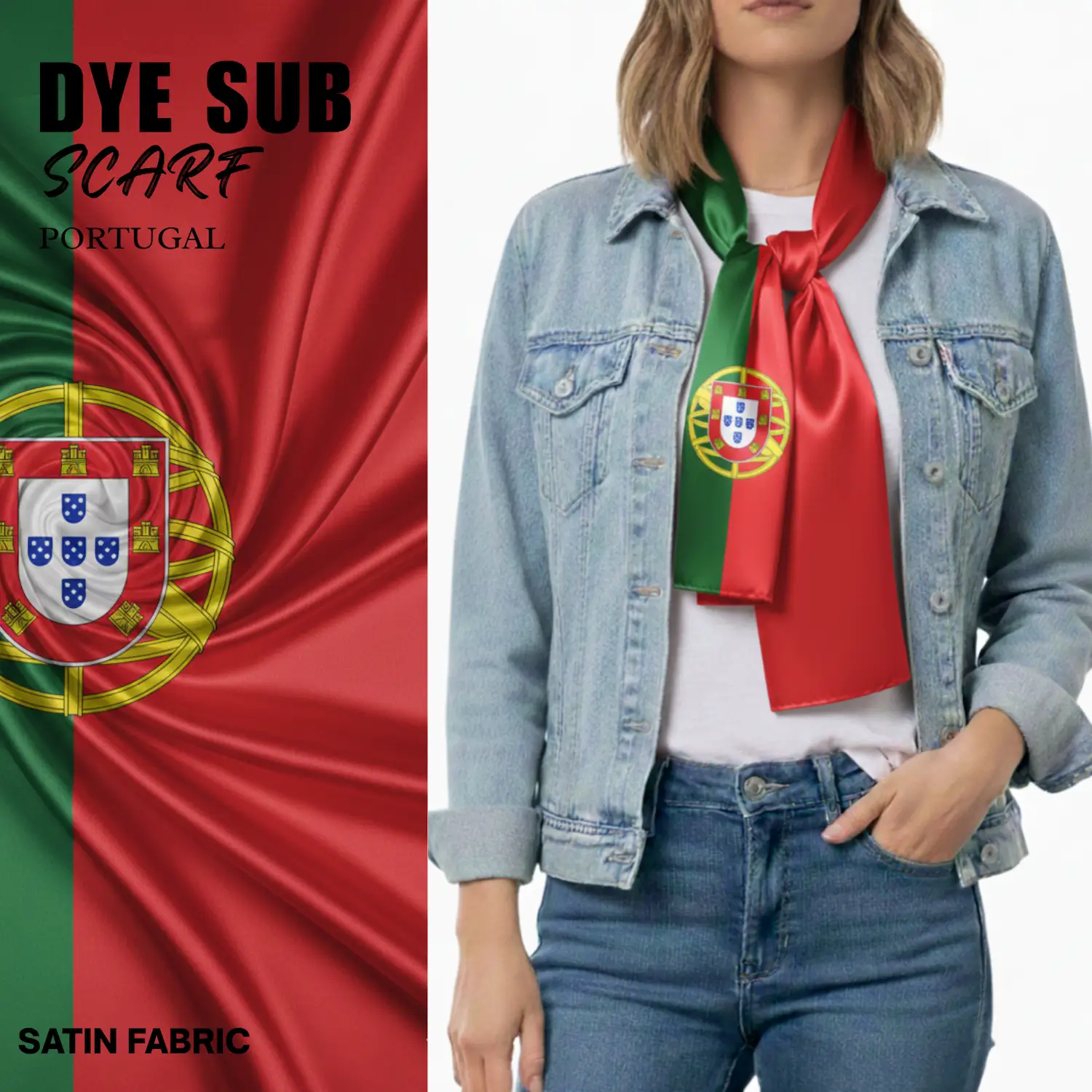 Portugal national flag satin scarf 15x145cm full color sublimation printed silky fan scarf