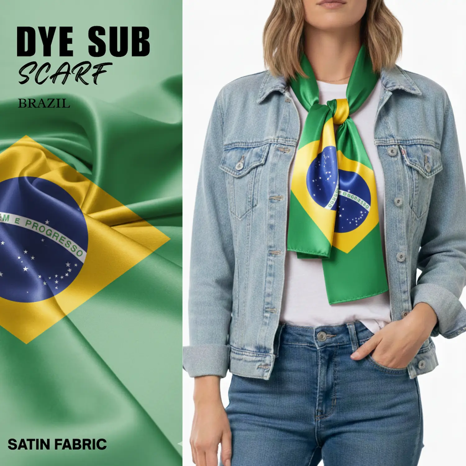 Brazil national flag satin scarf 15x145cm full color sublimation printed silky fan scarf