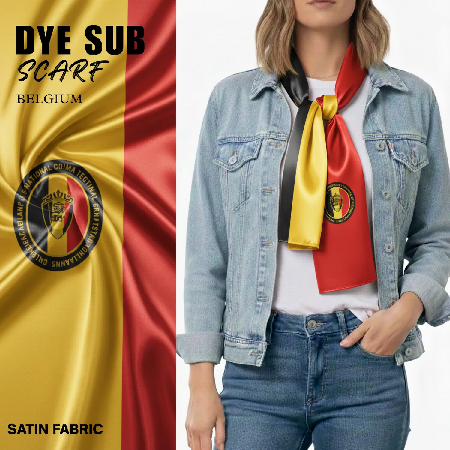 Belgium national flag satin scarf 15x145cm full color sublimation printed silky fan scarf