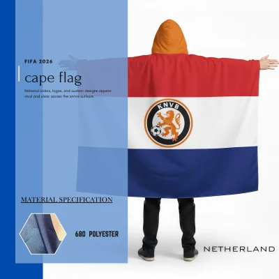 2026 FIFA World Cup Netherlands KNVB hooded cape flag, 68D polyester wearable flag for soccer fans