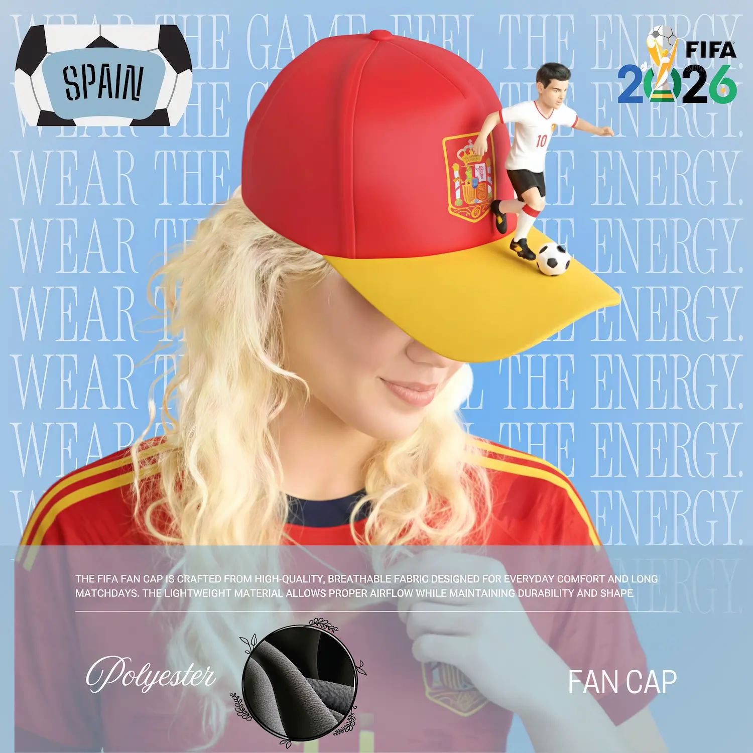 Spain national flag structured six-panel polyester fan cap custom embroidery sport cap
