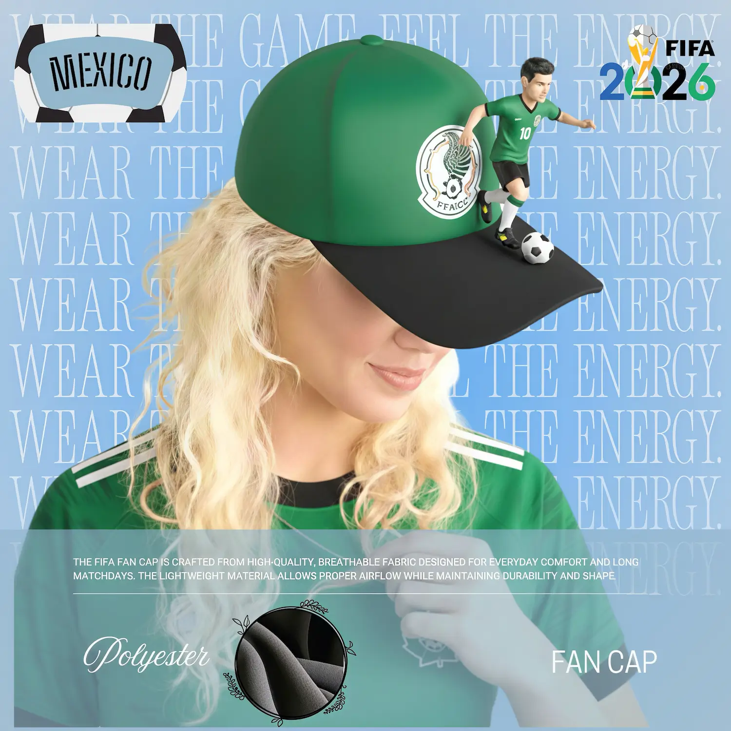 Mexico national flag structured six-panel polyester fan cap custom embroidery sport cap