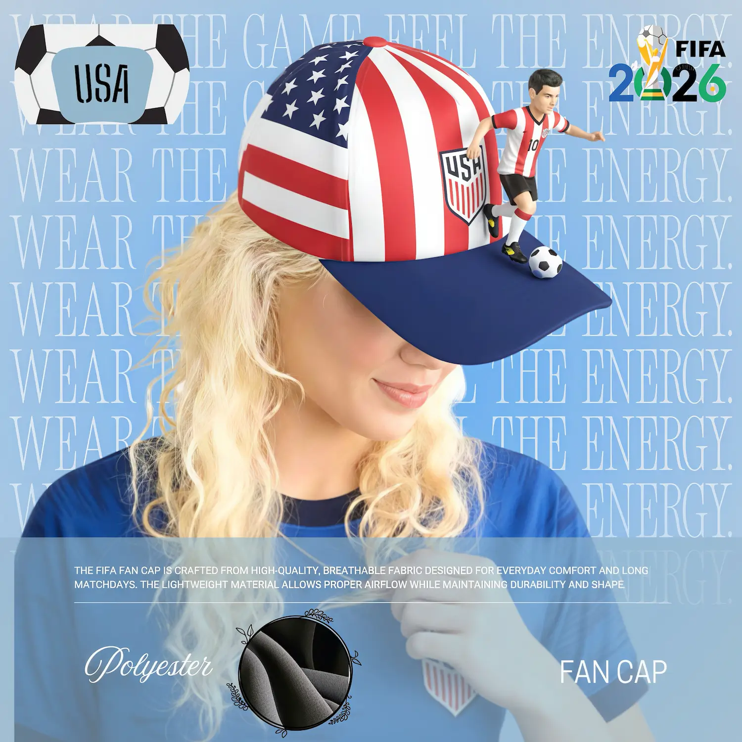 USA national flag structured six-panel polyester fan cap custom embroidery sport cap