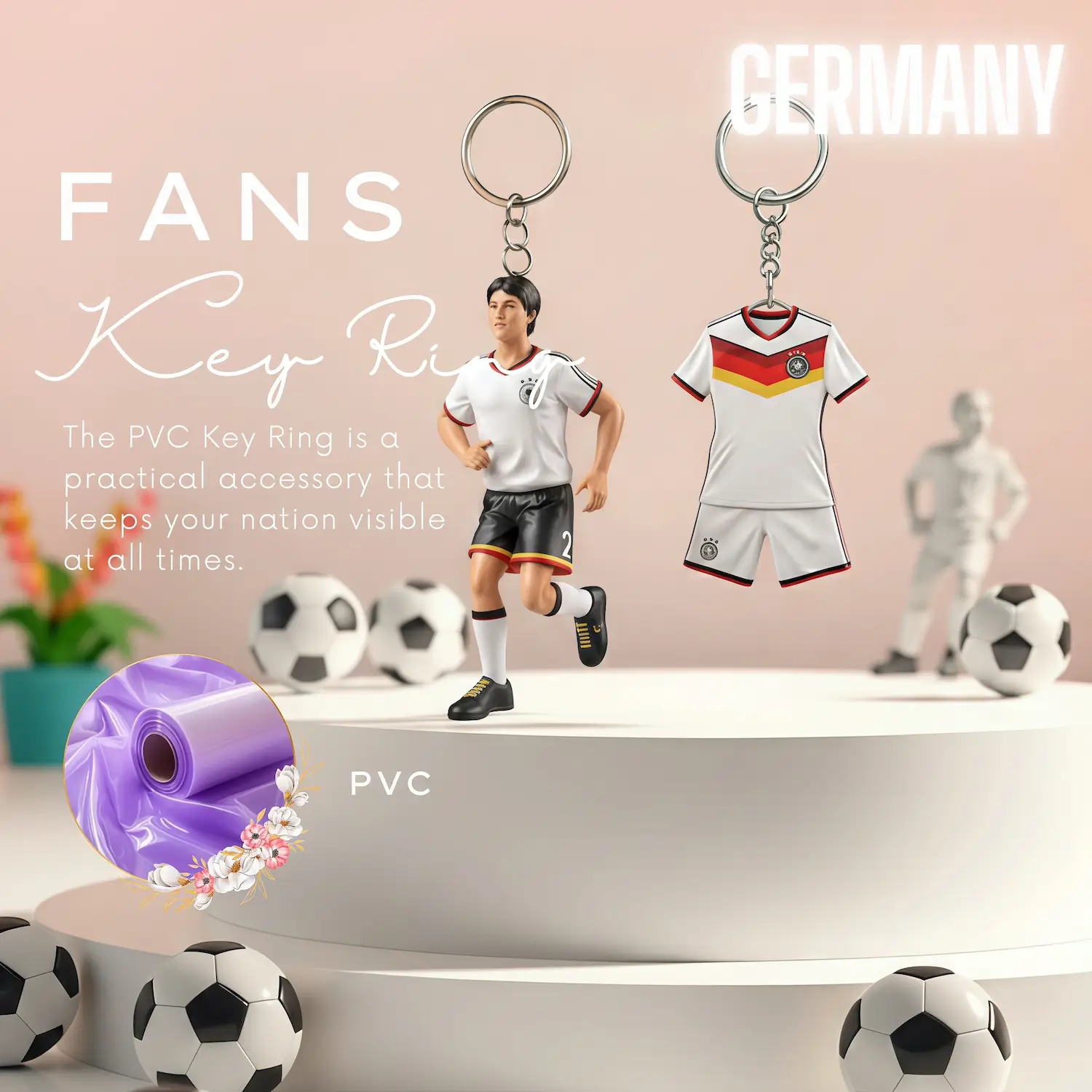Germany national team 3D molded soft PVC key ring jersey style keychain with metal ring