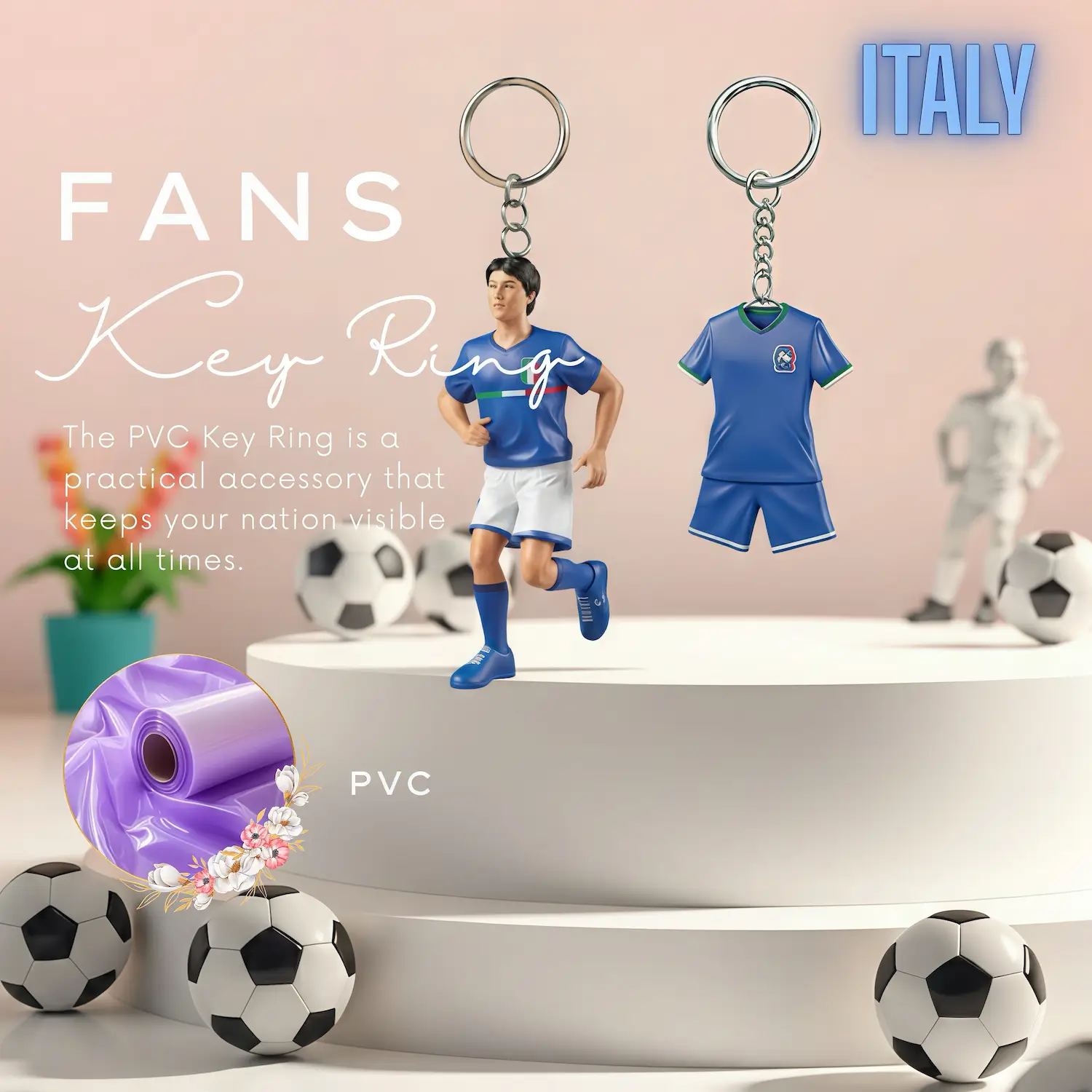 Italy national team 3D molded soft PVC key ring jersey style keychain with metal ring