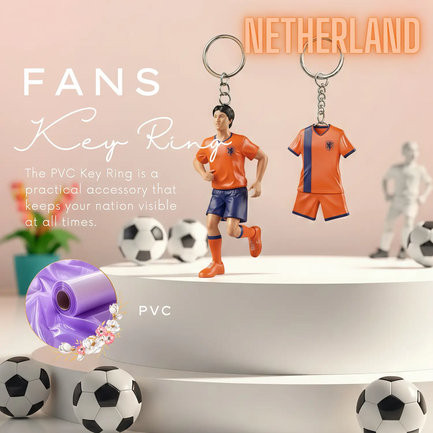Netherlands national team 3D molded soft PVC key ring jersey style keychain with metal ring