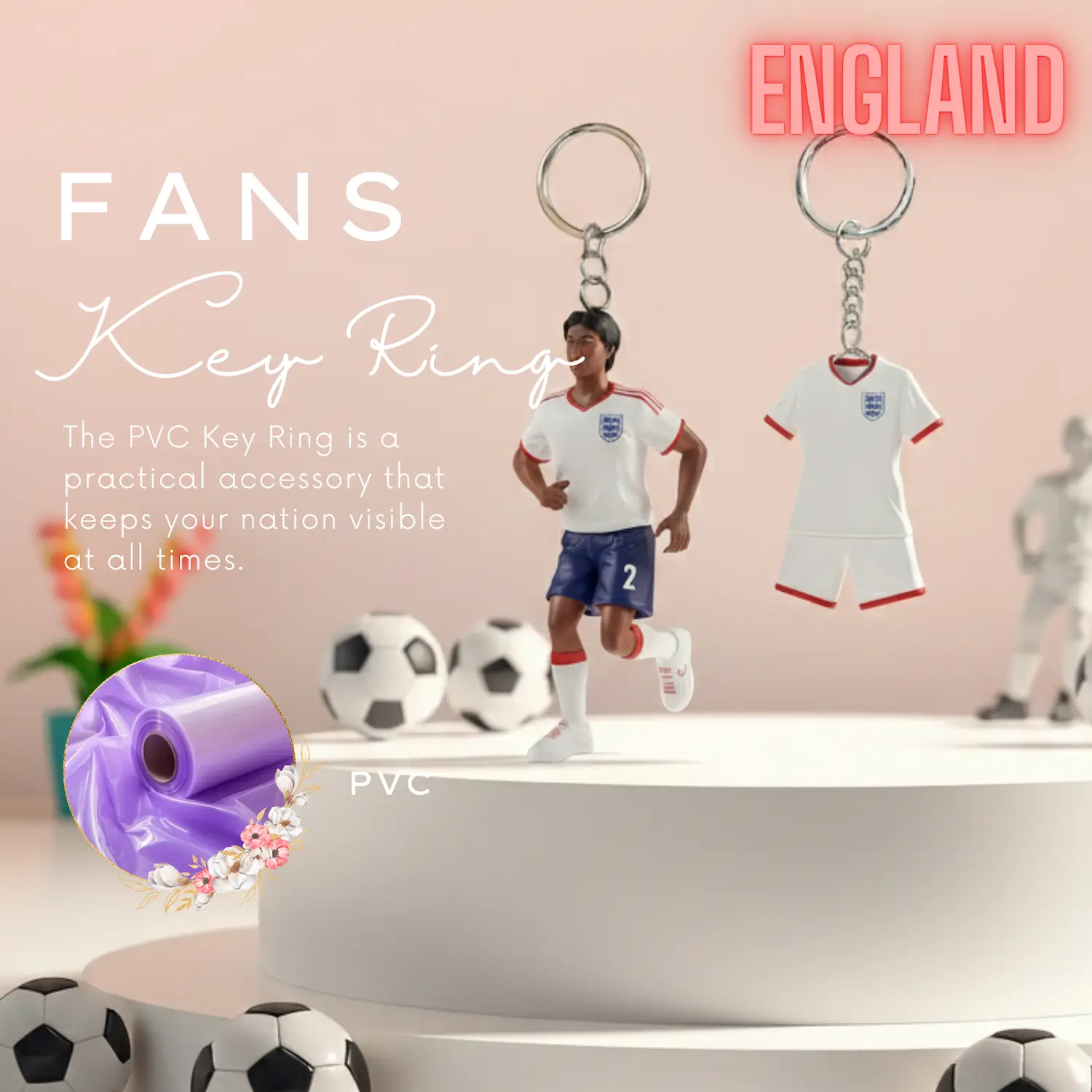 England national team 3D molded soft PVC key ring jersey style keychain with metal ring