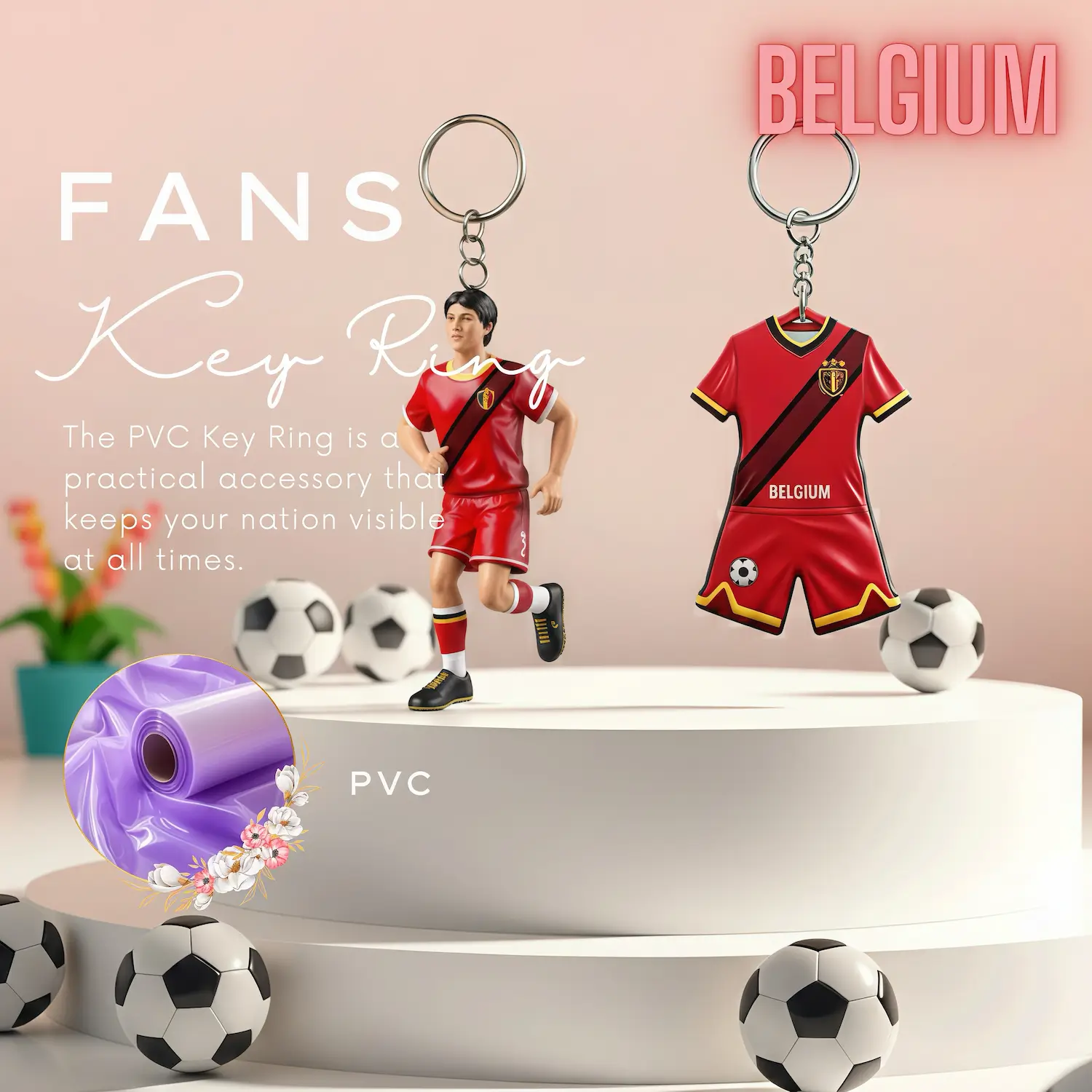 Belgium national team 3D molded soft PVC key ring jersey style keychain with metal ring