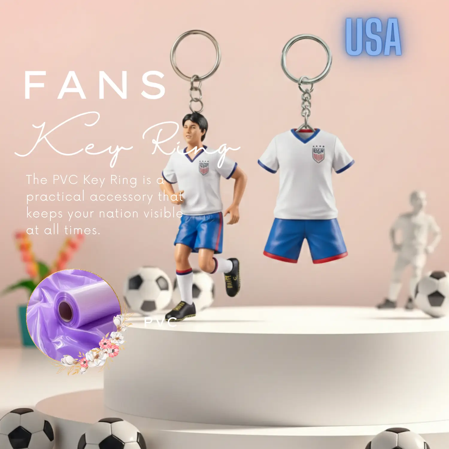 USA national team 3D molded soft PVC key ring jersey style keychain with metal ring