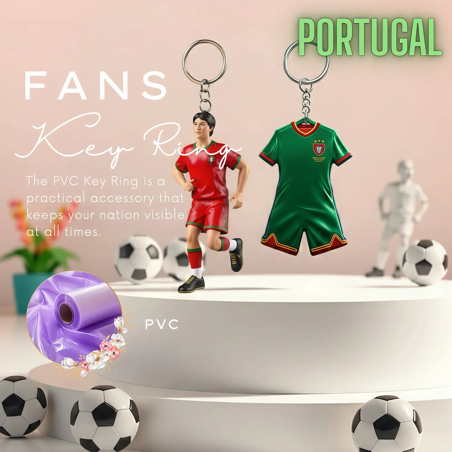 Portugal national team 3D molded soft PVC key ring jersey style keychain with metal ring