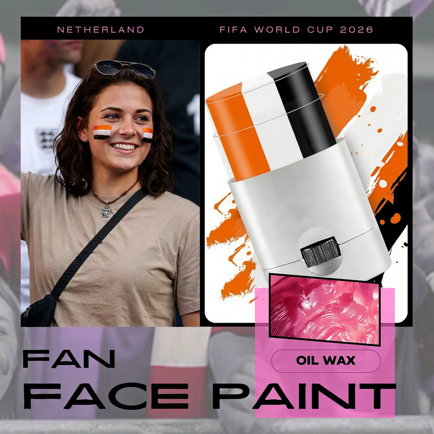 FIFA World Cup Netherlands fan face paint stick, orange white black oil wax face paint for soccer fans