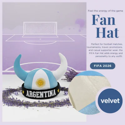 FIFA World Cup Argentina viking fan hat, light blue-white velvet horned hat with sun emblem