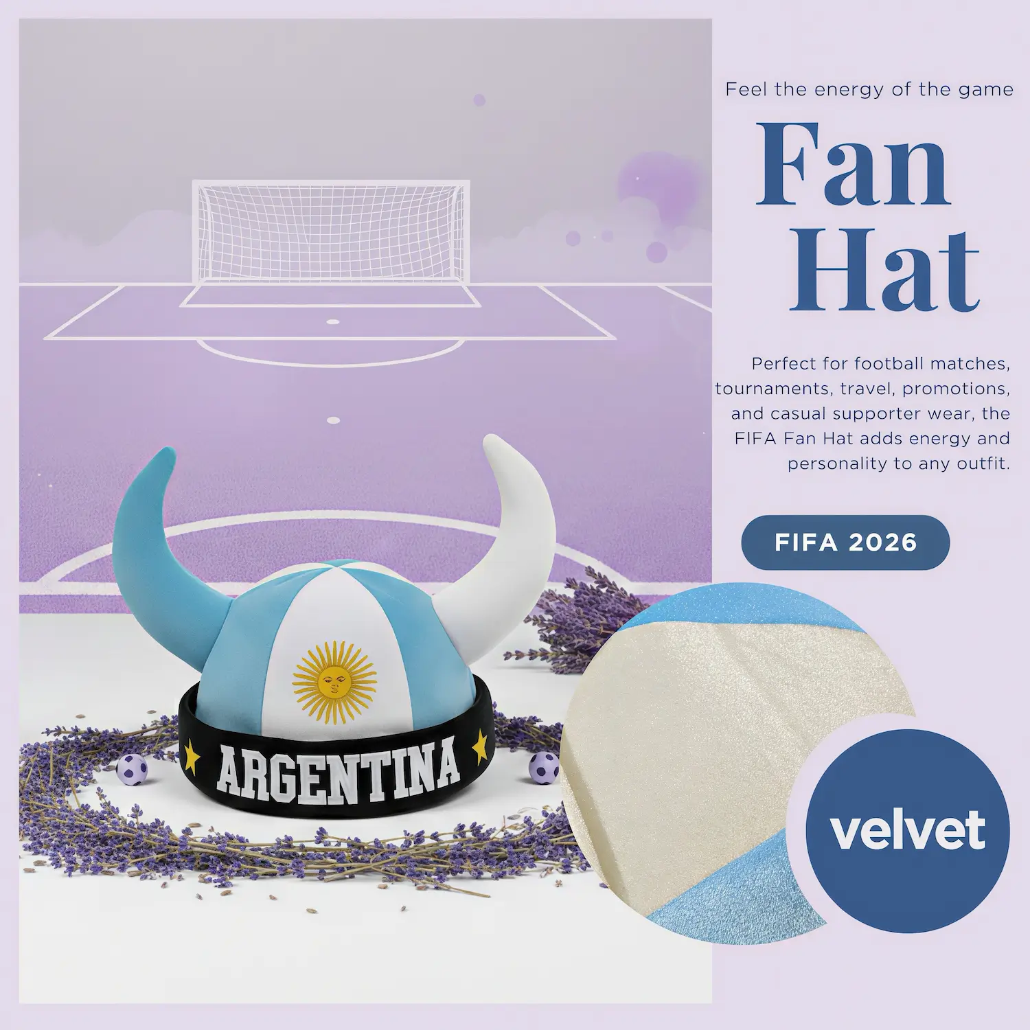 FIFA World Cup Argentina viking fan hat, light blue-white velvet horned hat with sun emblem