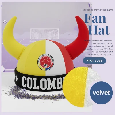 FIFA World Cup Colombia viking fan hat, yellow-white-red velvet horned hat with team crest