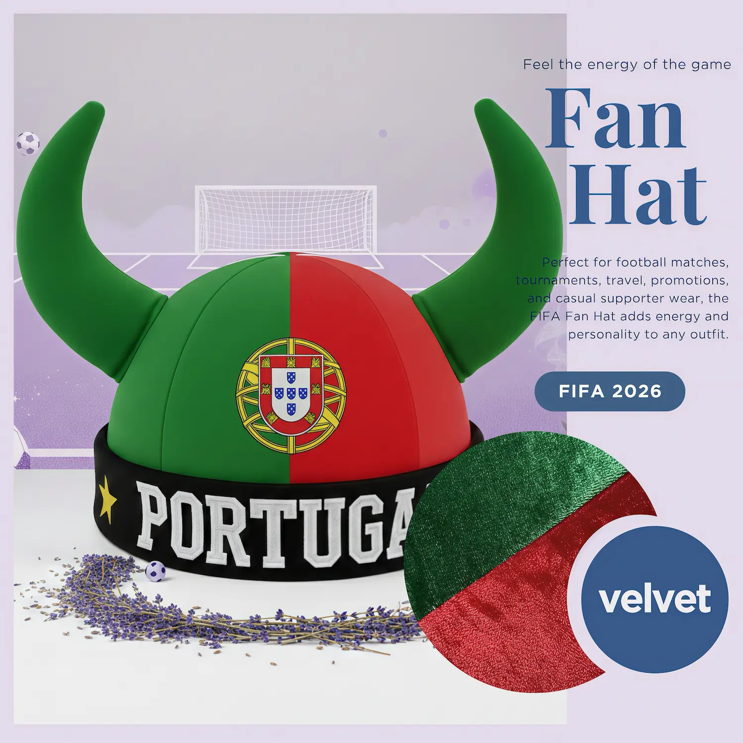 FIFA World Cup Portugal viking fan hat, green-red velvet horned hat with national crest