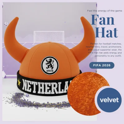 FIFA World Cup Netherlands KNVB viking fan hat, orange velvet horned hat with team crest