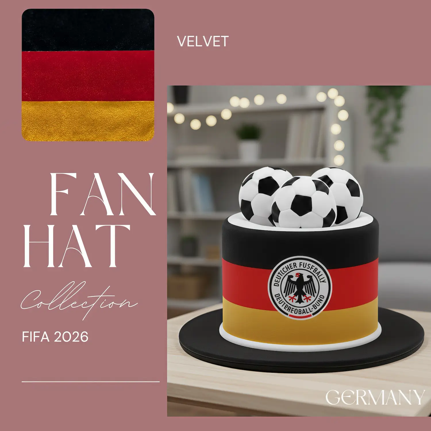 FIFA World Cup Germany fan top hat, black-red-yellow velvet hat with German crest and soccer ball accents