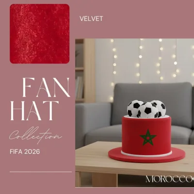FIFA World Cup Morocco fan top hat, red velvet hat with Moroccan star emblem and soccer ball accents