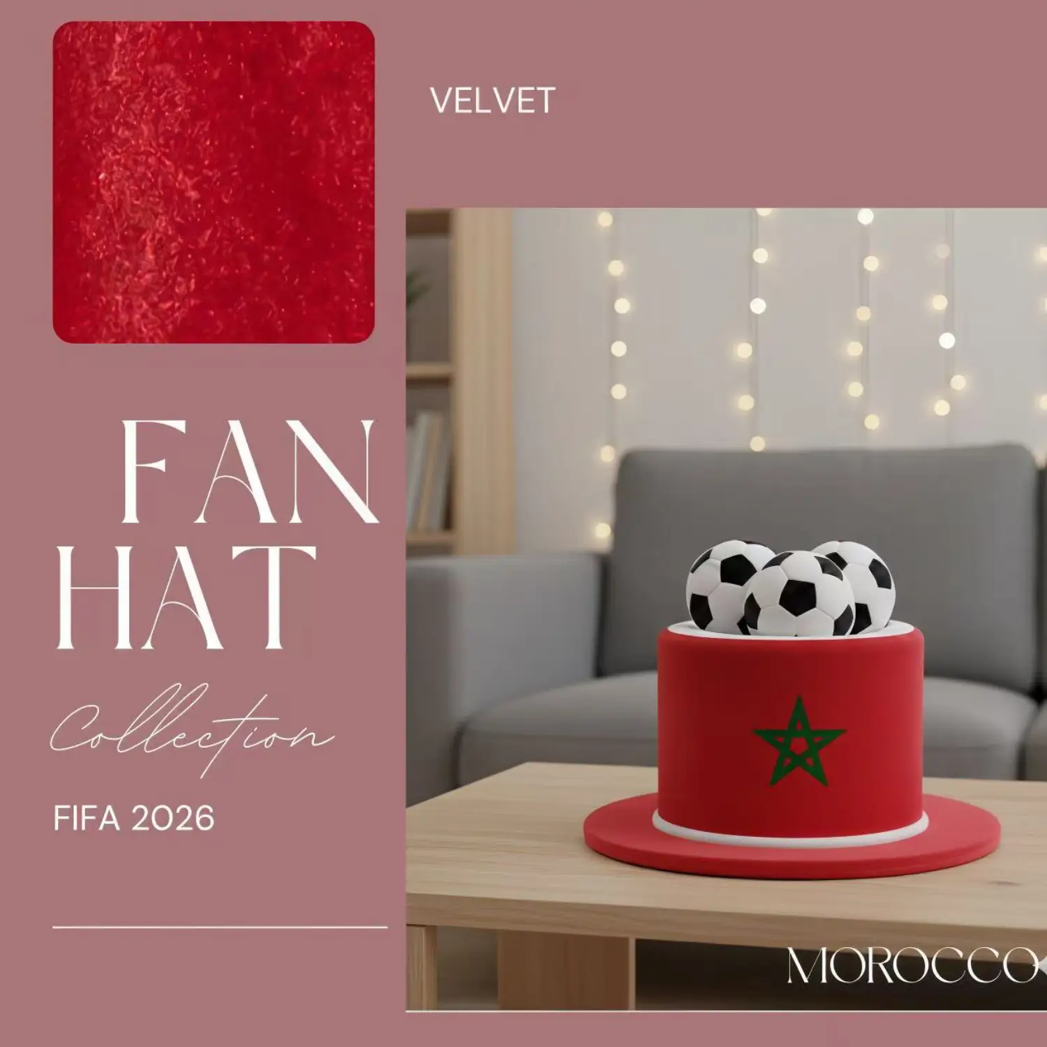 FIFA World Cup Morocco fan top hat, red velvet hat with Moroccan star emblem and soccer ball accents