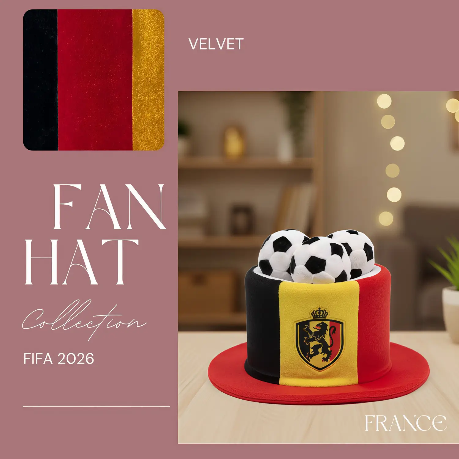 FIFA World Cup Belgium fan top hat, black-yellow-red velvet hat with Belgian crest and soccer ball accents
