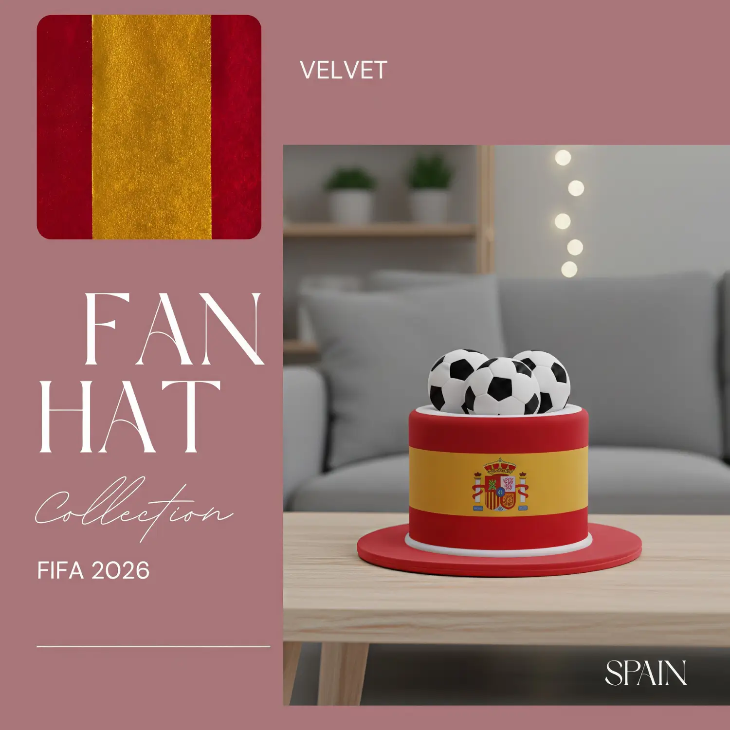 FIFA World Cup Spain fan top hat, red-yellow velvet hat with Spanish crest and soccer ball accents