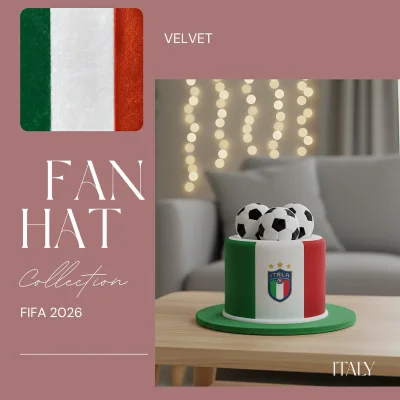 FIFA World Cup Italy fan top hat, green-white-red velvet hat with Italian crest and soccer ball accents