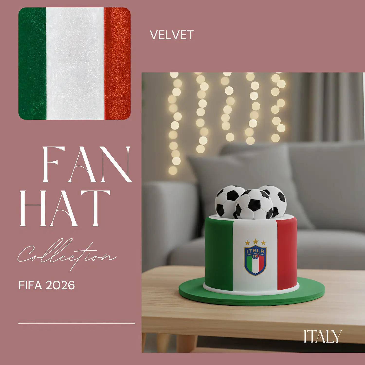 FIFA World Cup Italy fan top hat, green-white-red velvet hat with Italian crest and soccer ball accents