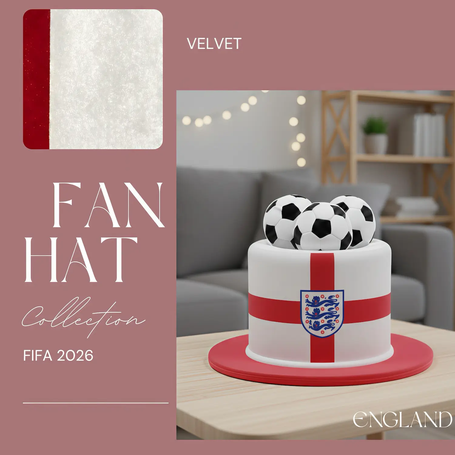 FIFA World Cup England fan top hat, white-red velvet hat with Three Lions crest and soccer ball accents