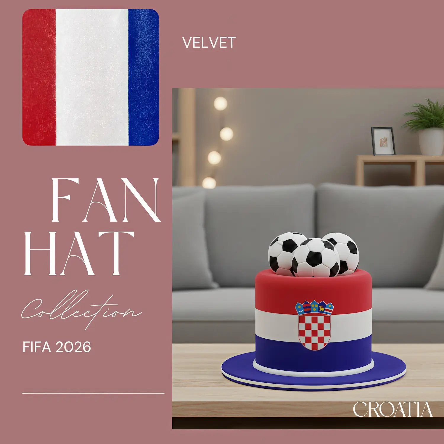 FIFA World Cup Croatia fan top hat, red-white-blue velvet hat with Croatian crest and soccer ball accents