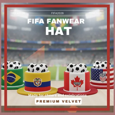 FIFA World Cup velvet fan top hats, multi-team soccer hats with flag colors and soccer ball details