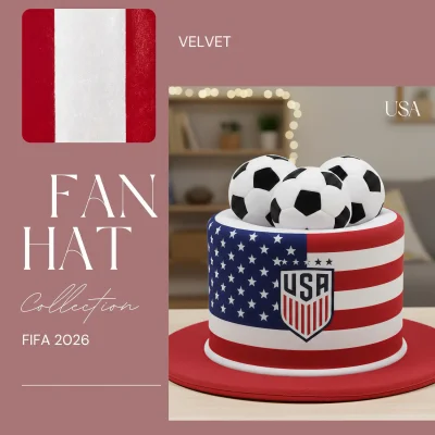 FIFA World Cup USA fan top hat, stars-and-stripes velvet hat with team crest and soccer ball accents