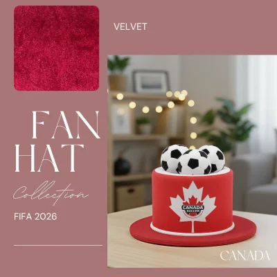 FIFA World Cup Canada fan top hat, red velvet hat with maple leaf emblem and soccer ball accents