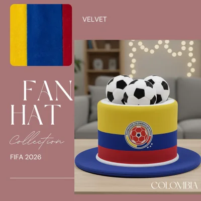 FIFA World Cup Colombia fan top hat, yellow-blue-red velvet hat with team crest and soccer ball accents