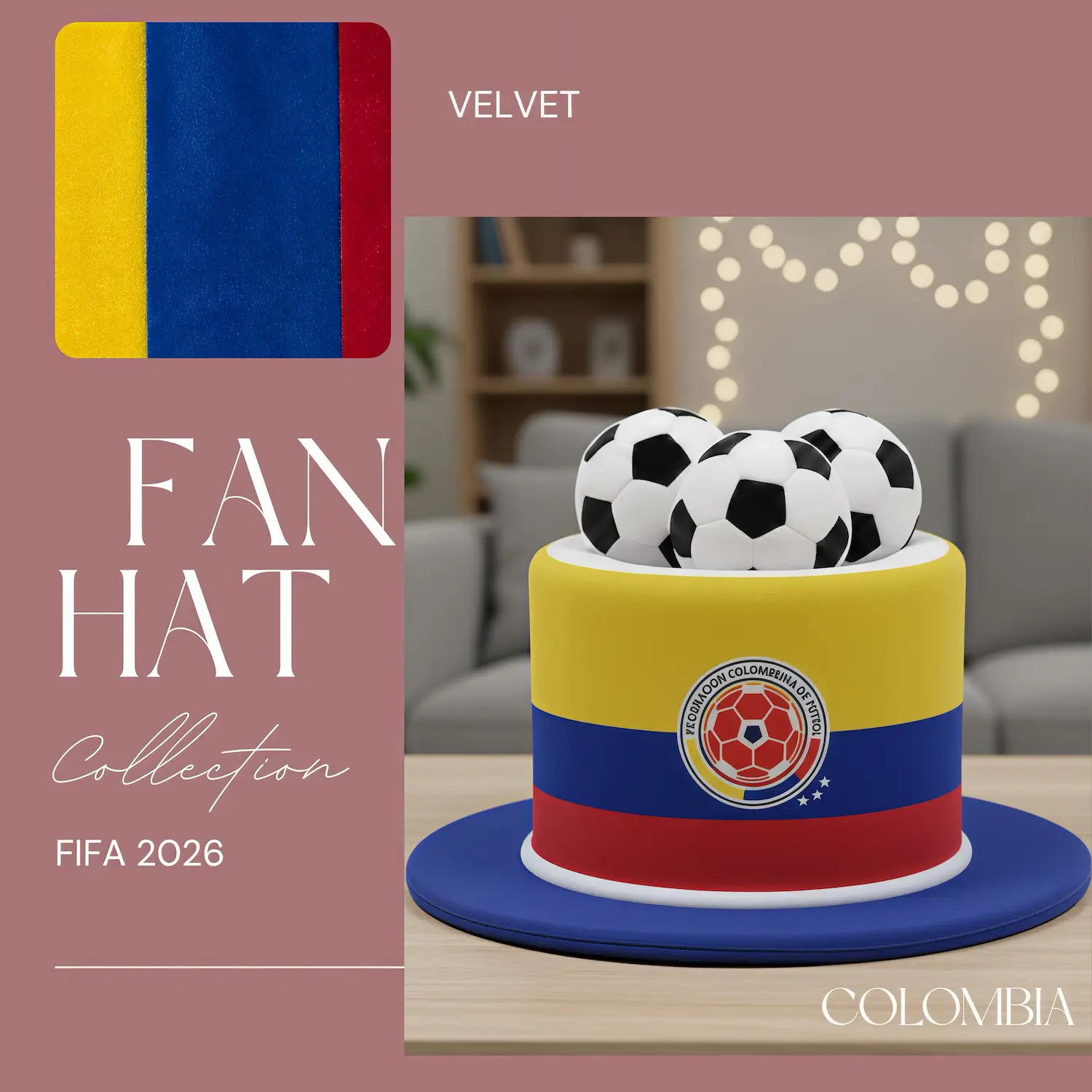 FIFA World Cup Colombia fan top hat, yellow-blue-red velvet hat with team crest and soccer ball accents