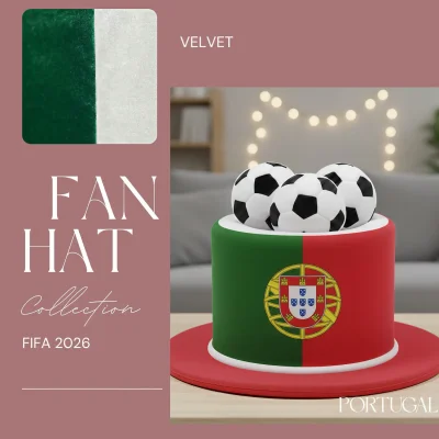 FIFA World Cup Portugal fan top hat, green-red velvet hat with national crest and soccer ball accents