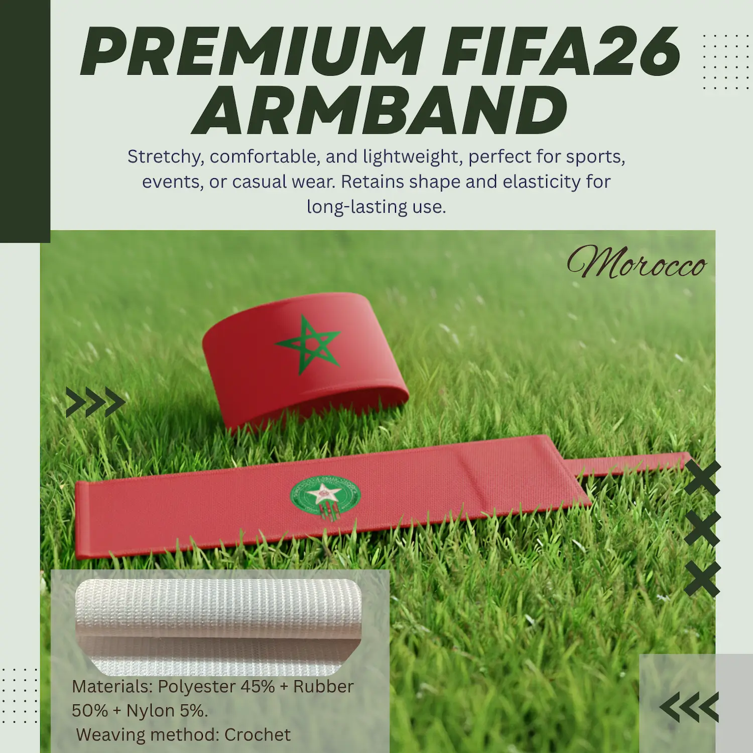Morocco national team crochet woven stretch armband 6.5x35CM sports captain armband