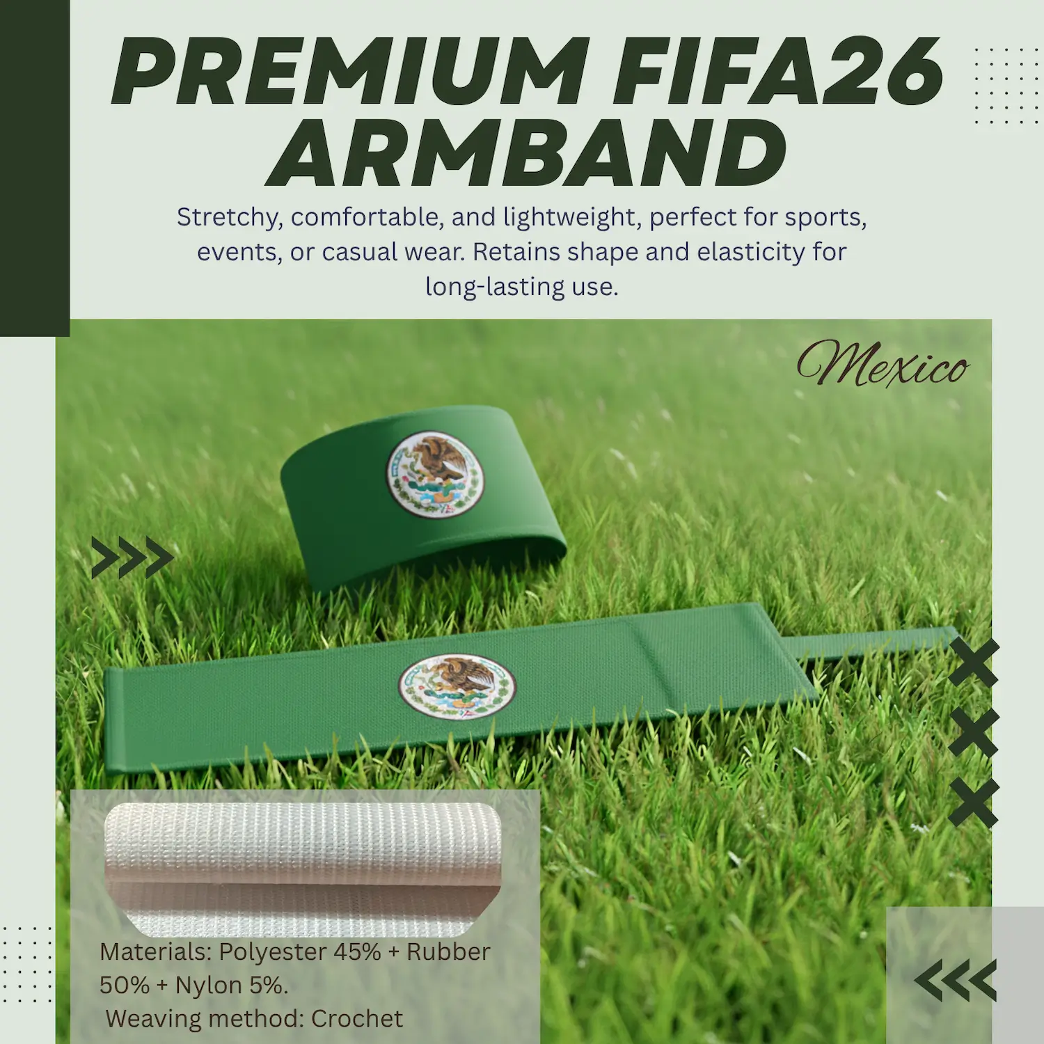 Mexico national team crochet woven stretch armband 6.5x35CM sports captain armband